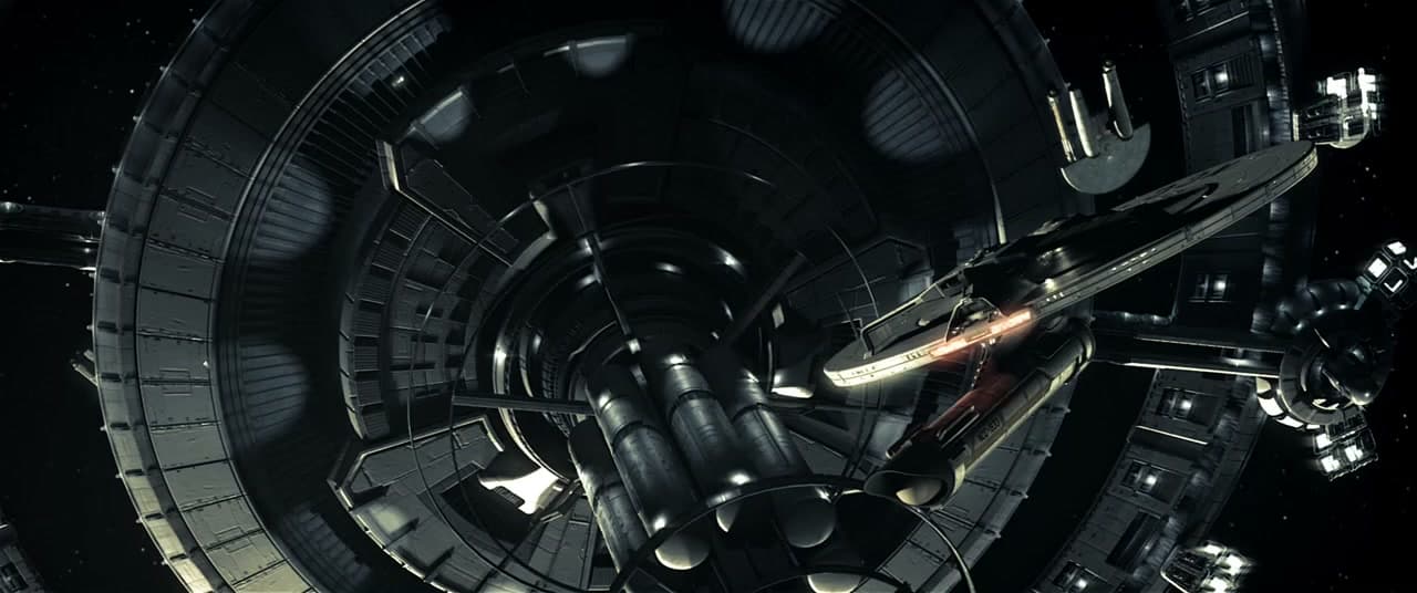 Starship departing a circular drydock