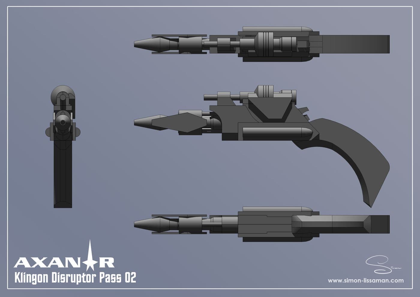 Recovered klingon disruptor design artifact — Klingon Disruptor Pass 02. Catalogued by the Memory Alpha Historic Society from the Axanar production archive.