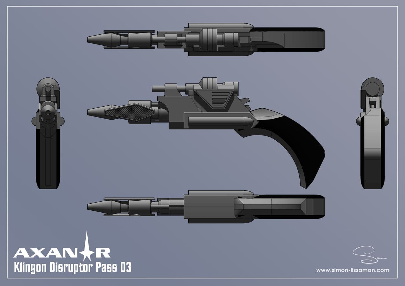 Recovered klingon disruptor design artifact — Klingon Disruptor Pass 03. Catalogued by the Memory Alpha Historic Society from the Axanar production archive.