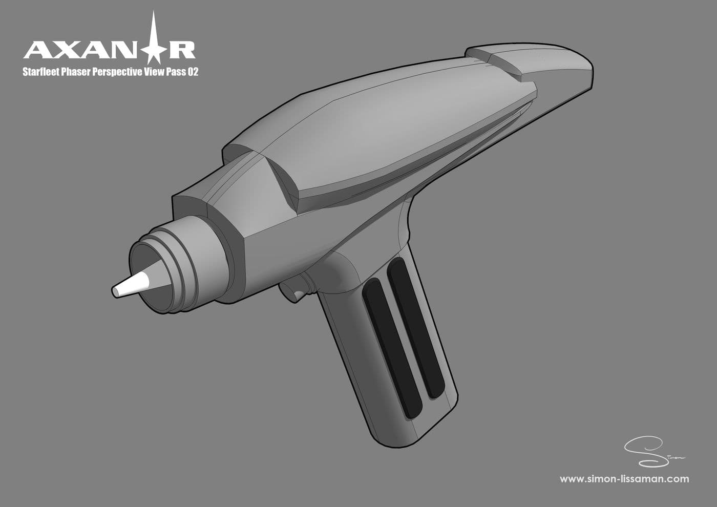 Recovered starfleet phaser design artifact — Starfleet Phaser Perspective Study 02. Catalogued by the Memory Alpha Historic Society from the Axanar production archive.