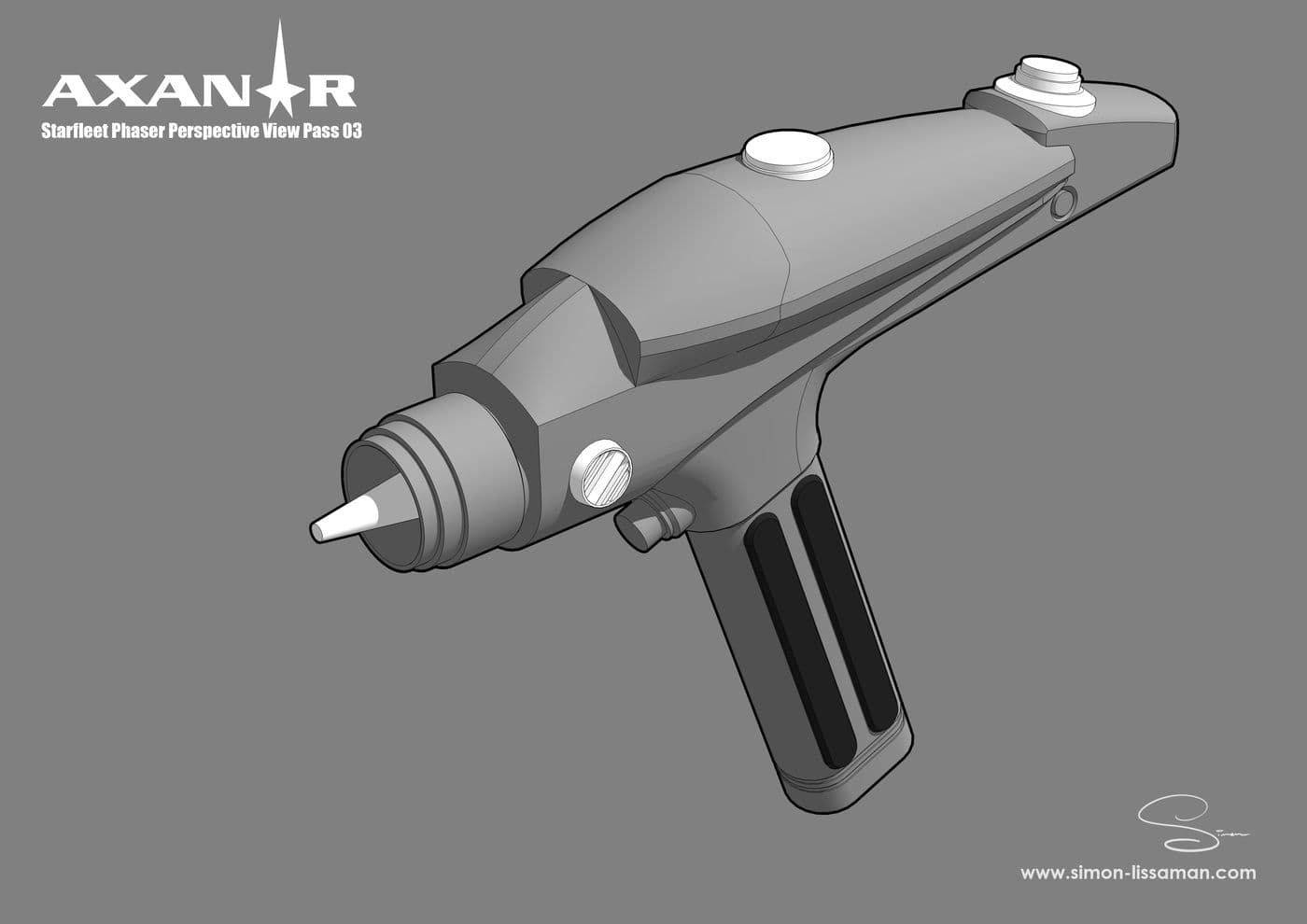 Recovered starfleet phaser design artifact — Starfleet Phaser Perspective Study 03. Catalogued by the Memory Alpha Historic Society from the Axanar production archive.