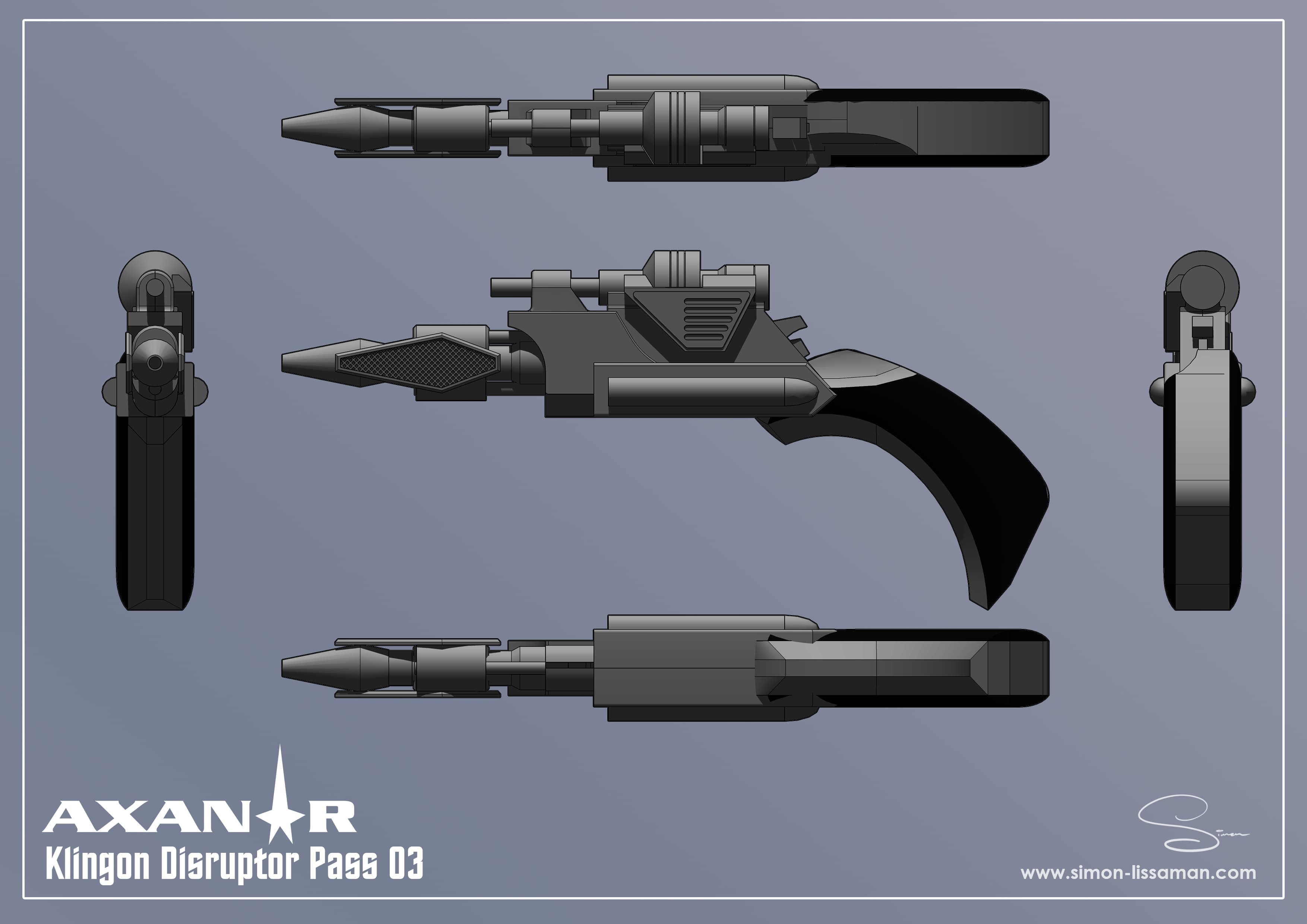 Recovered klingon disruptor design artifact — Klingon Disruptor Pass 03. Catalogued by the Memory Alpha Historic Society from the Axanar production archive.