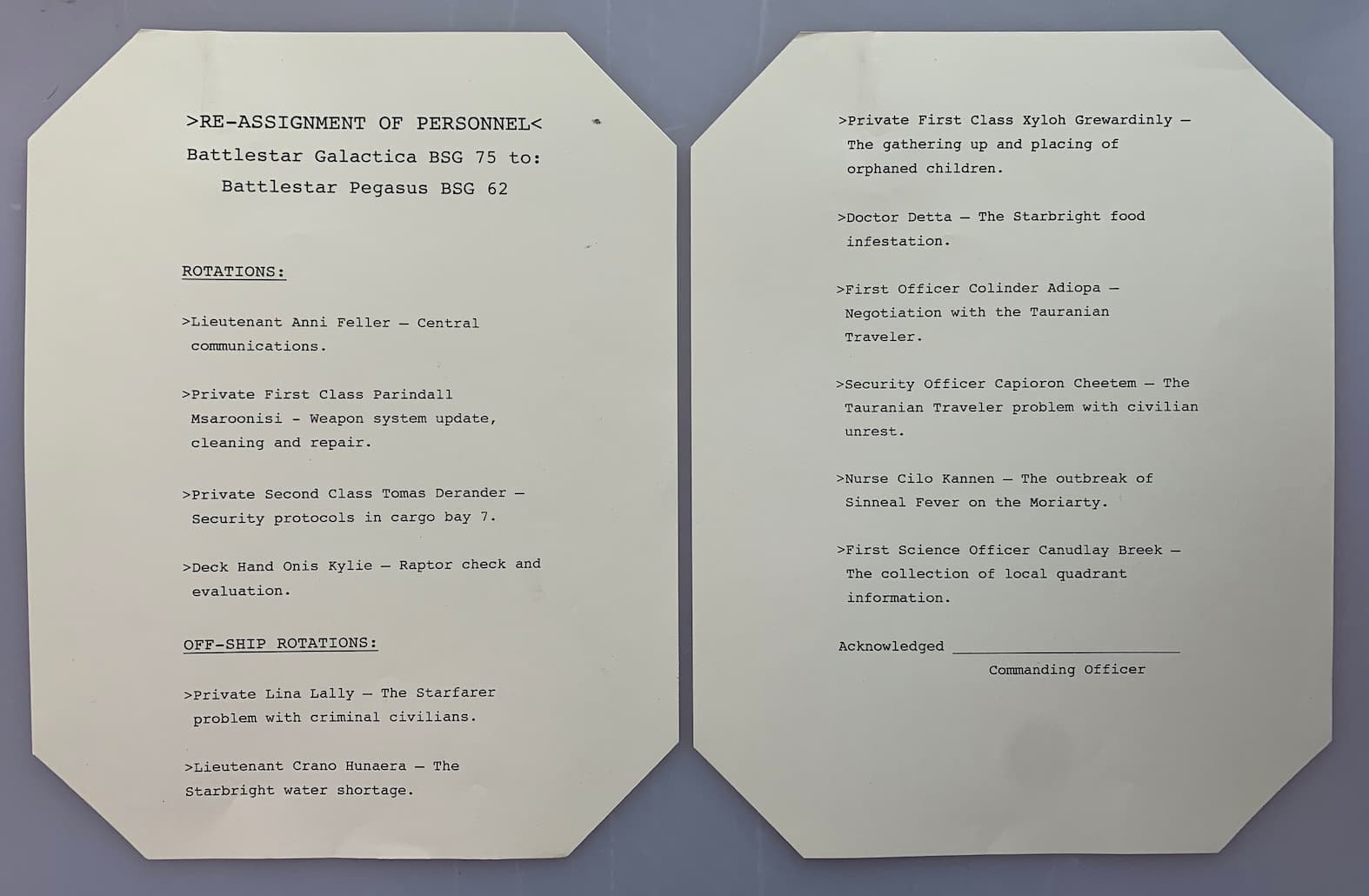 Lot 13 - Battlestar Galactica Reassignment of Personnel w/ COA